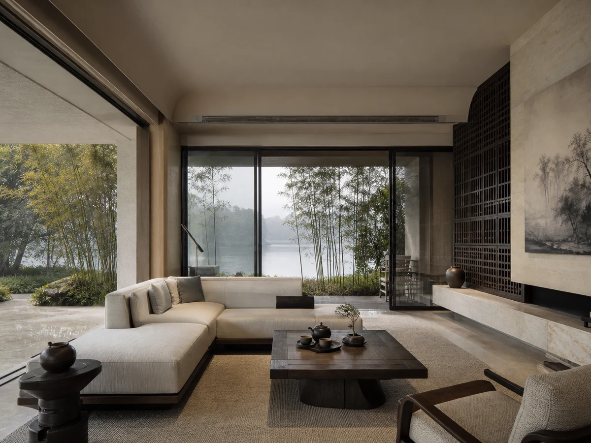 西湖畔别墅的现代东方客厅与竹林湖景